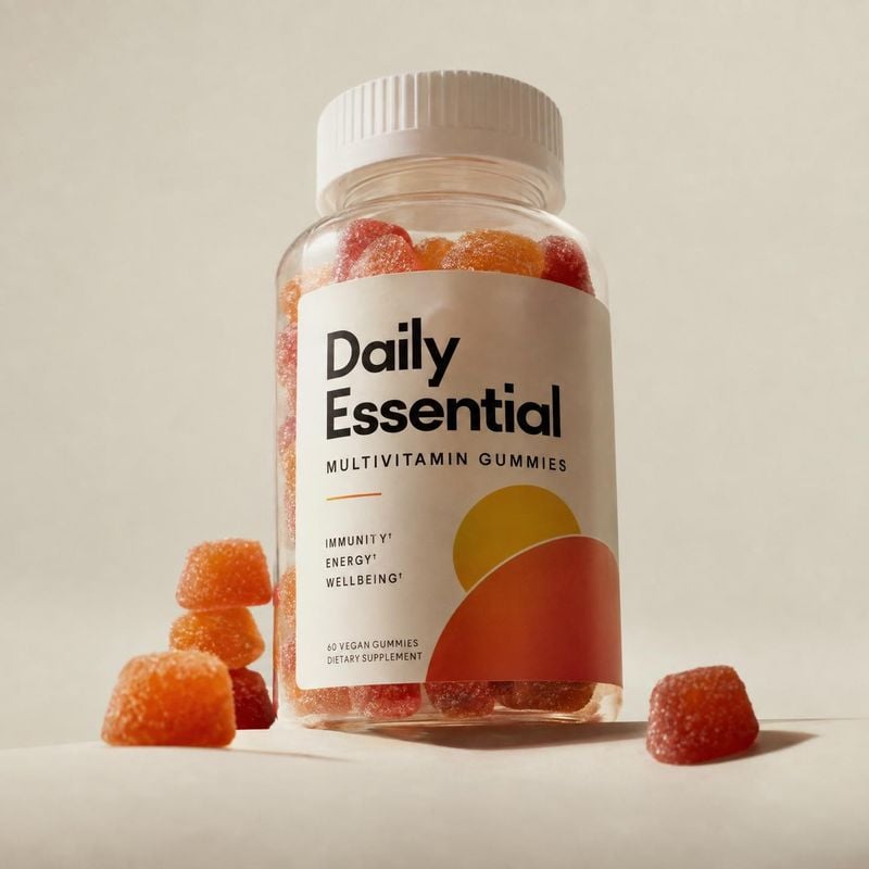 multivitamin gummies personal care product photo: A clear bottle of multivitamin gummies sits among loose orange and red gummies on a warm neutral surface, lit…