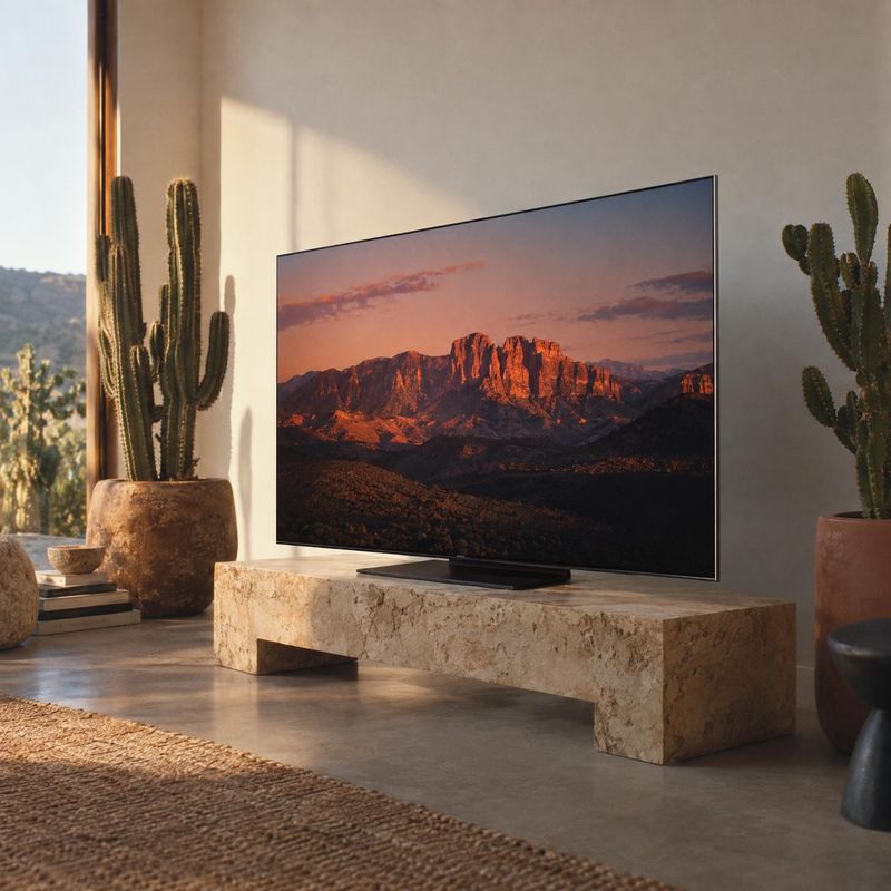 flat-screen television equipment in use product photo: A slim television displaying a sunset-lit mountain landscape anchors a warm modern living room with ston…