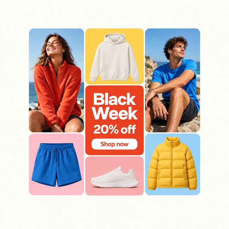 apparel and sneakers ghost mannequin product photo: A bright, graphic Black Week promotion combines outdoor portraits of two models with isolated apparel and s…