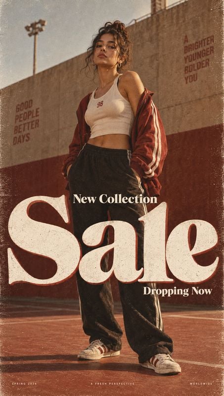 casual sportswear outfit black friday product photo: A model poses in a cropped tank, track jacket, loose trousers and sneakers on a sunlit outdoor court, with…