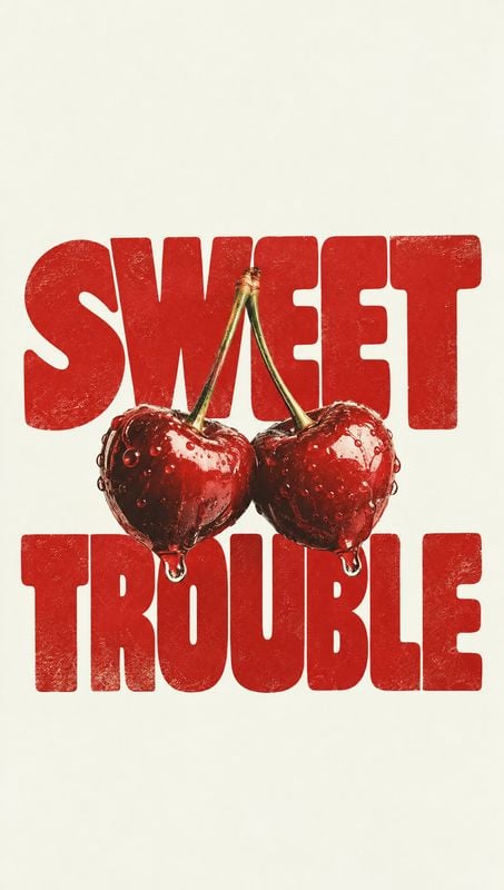 cherries close-up detail product photo: Two glossy, water-dappled cherries sit over oversized distressed red lettering on a warm cream background, creating a b…