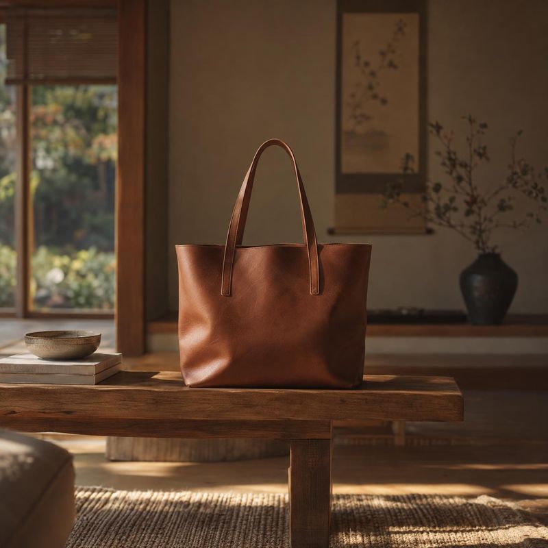 leather tote bag lifestyle scene product photo: A structured brown leather tote sits on a wooden table in a serene, warmly lit interior with natural textures a…