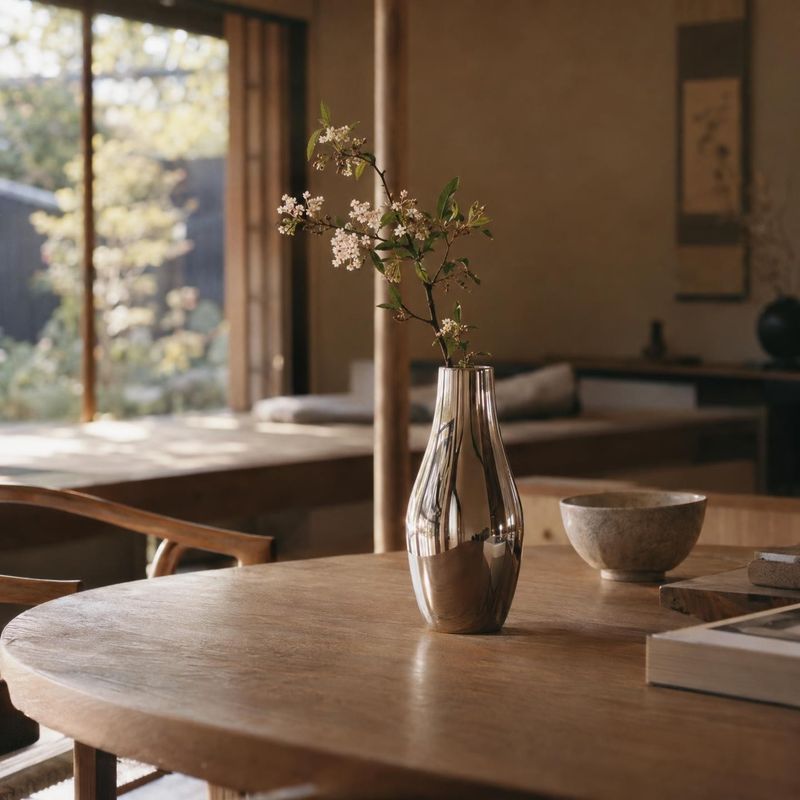 glass vase lifestyle scene product photo: A reflective glass vase holding delicate flowering branches sits on a wooden table in a serene, warmly lit interior,…