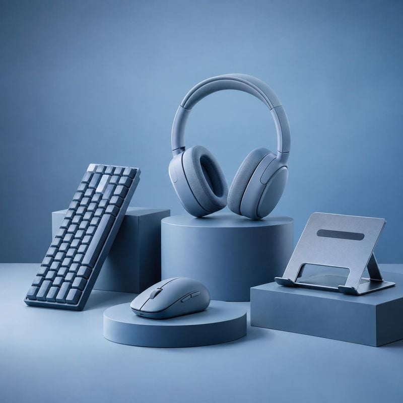 computer accessories product photo: Blue headphones, a keyboard, mouse, and tablet stand are arranged on geometric pedestals against a seamless blue studio bac…