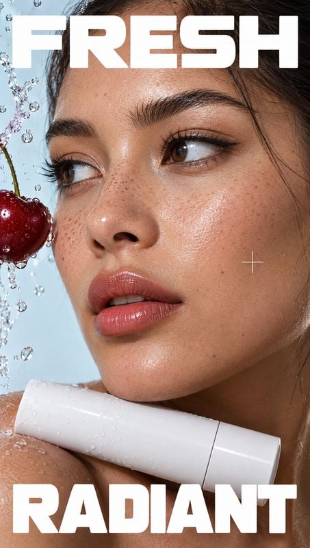 skincare bottle close-up detail product photo: A close-up beauty portrait pairs dewy skin and glossy lips with a white skincare bottle and a suspended cherry s…