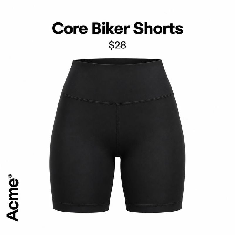 black biker shorts packshot product photo: Black biker shorts are centered against a clean white background beneath a bold product name and price, with a minim…