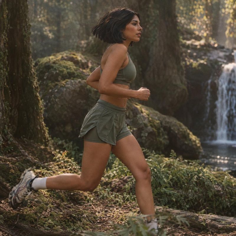 women's athletic wear action & motion product photo: A woman in muted green athletic wear runs along a rocky forest trail beside a waterfall, captured in soft,…