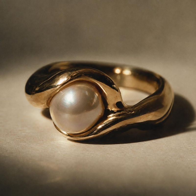 gold pearl ring close-up detail product photo: A sculptural gold ring with a luminous pearl rests on a warm neutral surface, lit by soft directional light for…