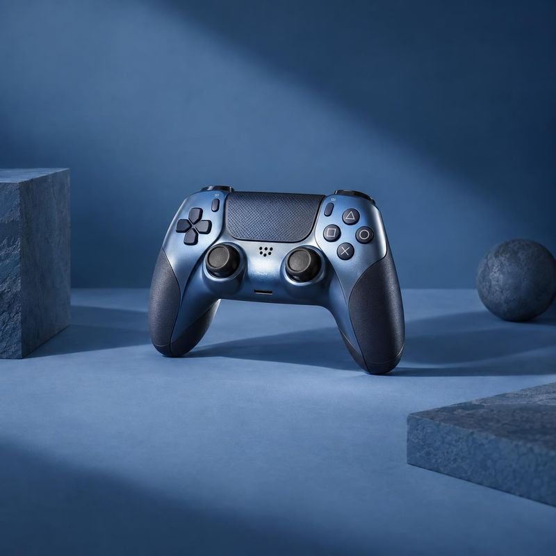 wireless game controller electronics product photo: A dark blue wireless game controller is centered among geometric stone-like props on a blue studio set, lit…