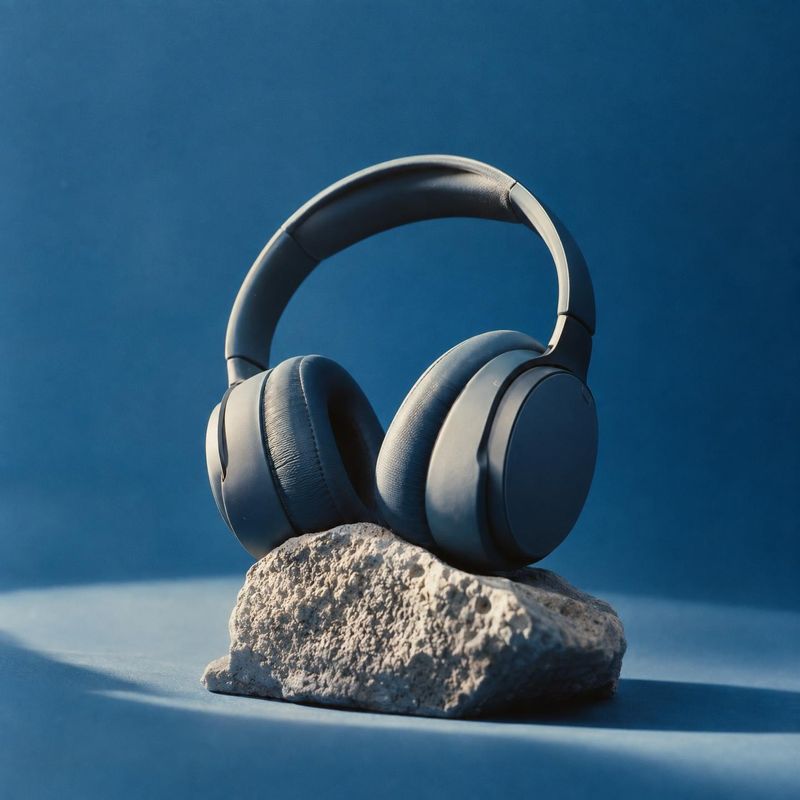 over-ear headphones electronics product photo: Dark over-ear headphones rest on a rough stone against a blue studio backdrop, with directional light creating a…