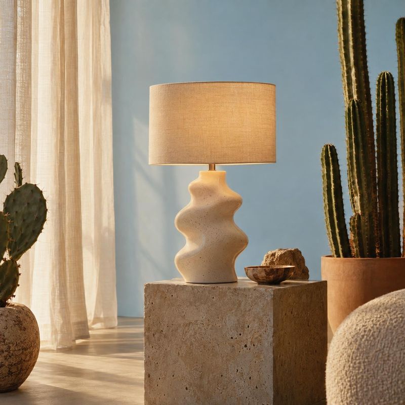 table lamp lifestyle scene product photo: A sculptural ceramic table lamp sits on a stone pedestal among cacti and earthy decor, lit by warm sunlight filtering…