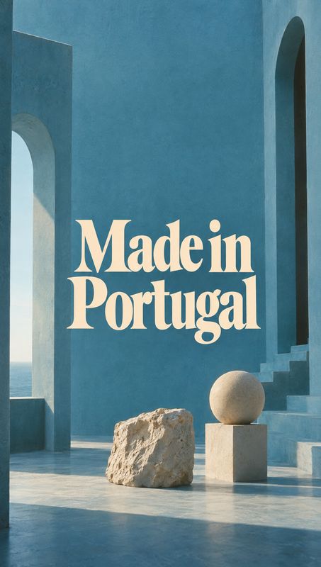exterior / architecture product photo: A sculptural blue architectural interior with stone forms and warm sunlight is overlaid with large cream-colored “Made i…