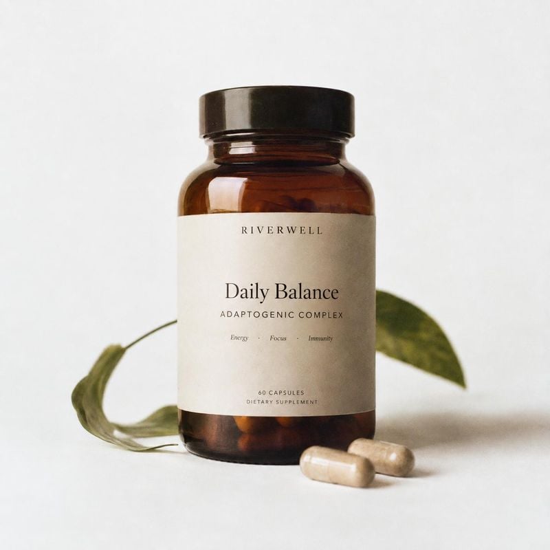 dietary supplement capsules personal care product photo: An amber bottle of daily balance supplement capsules stands with two loose capsules and a green leaf o…