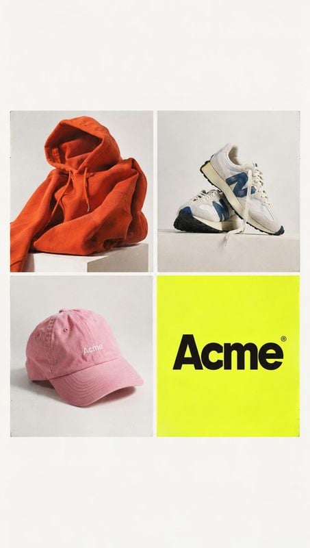 hoodie, sneakers, and cap group lineup product photo: A clean grid collage presents an orange hoodie, white sneakers, and a pink cap beside bold black letterin…