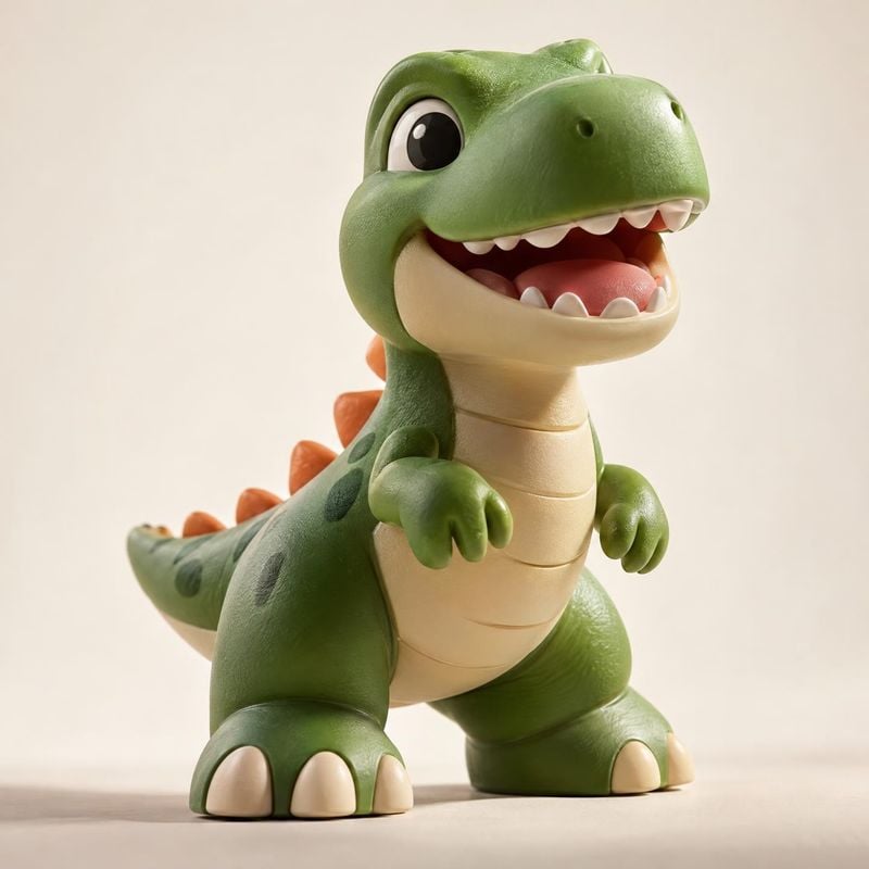 green dinosaur toy toys product photo: A cheerful green dinosaur toy stands against a warm cream studio backdrop, lit softly with generous empty space to the l…