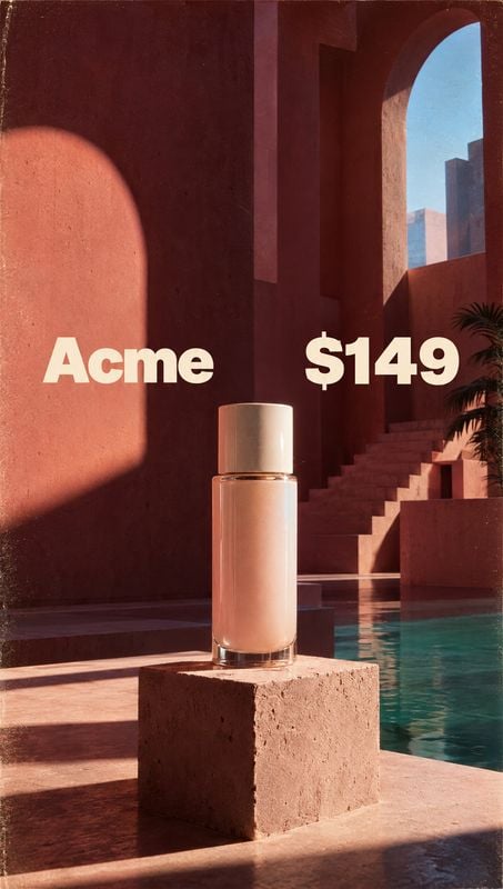 perfume bottle exterior / architecture product photo: A pale perfume bottle stands on a stone plinth beside a pool in a terracotta architectural courtyard, wit…