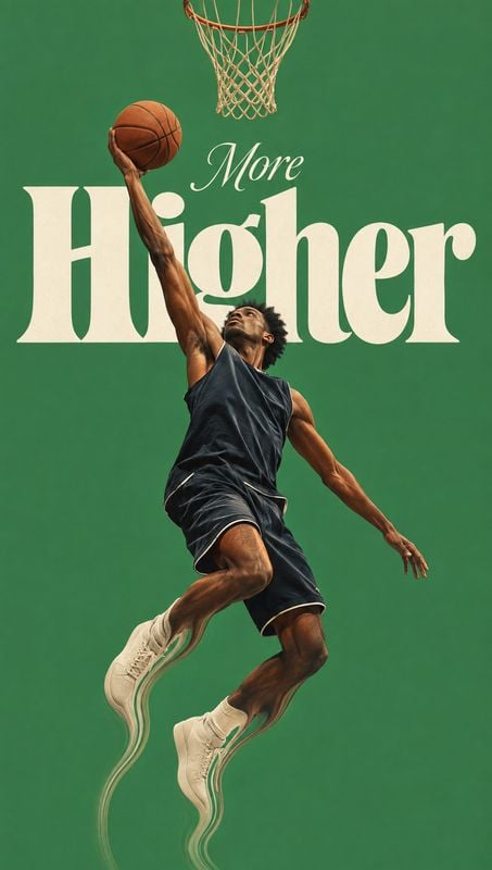 basketball sneakers action & motion product photo: A basketball player leaps toward the hoop against a vivid green backdrop, with cream display lettering and e…