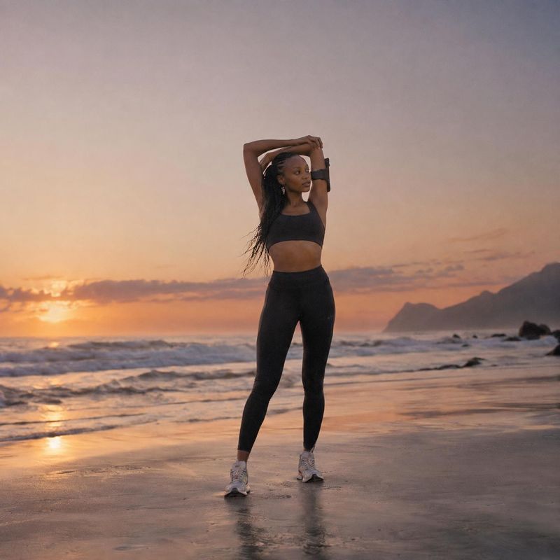 black athletic outfit lifestyle scene product photo: A woman in a black sports bra and leggings stretches on the shore at sunset, with ocean waves and distant…