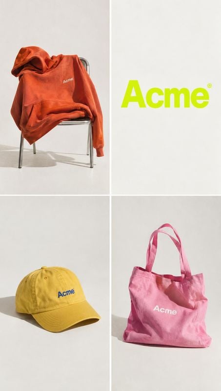 branded sweatshirt, cap, and tote bag group lineup product photo: A four-panel studio collage pairs an orange sweatshirt draped over a metal chair with a yello…