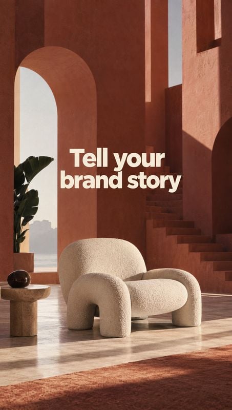 upholstered armchair room set product photo: A sculptural cream armchair sits in a sunlit terracotta architectural interior, with bold white headline text addi…