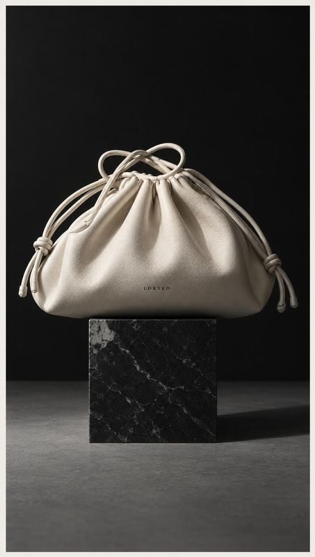drawstring handbag floating product product photo: A sculptural ivory drawstring handbag with knotted cords is displayed above a dark marble plinth against a b…