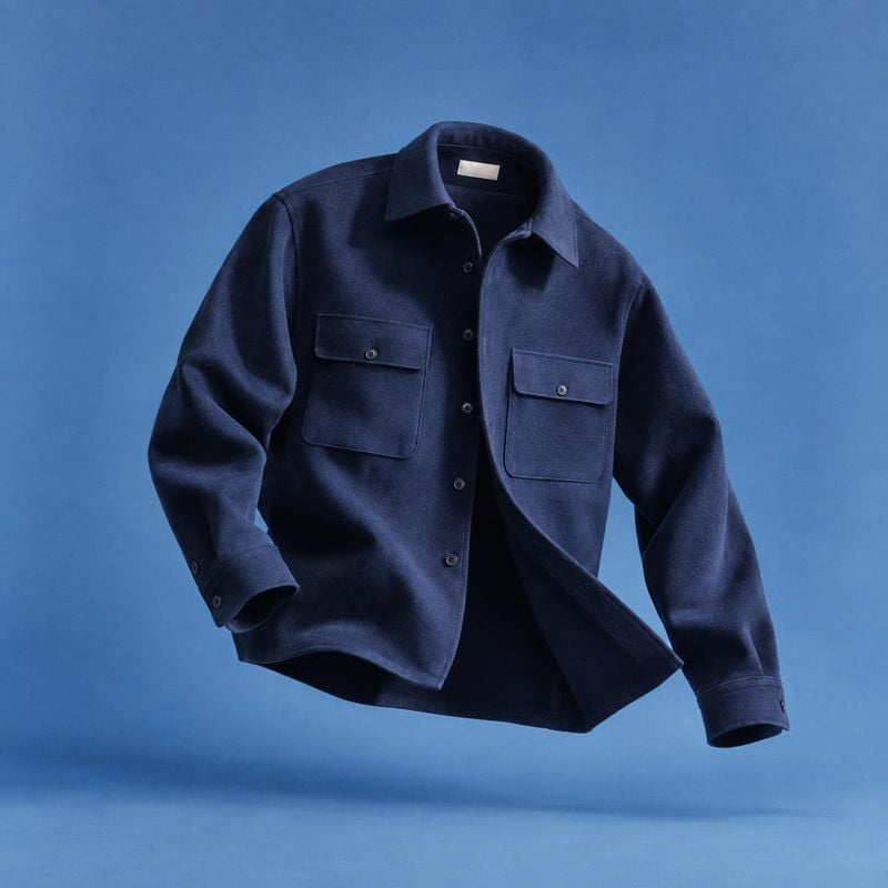 navy shirt jacket floating product product photo: A navy button-front shirt jacket floats against a seamless blue studio backdrop, lit to emphasize its structu…