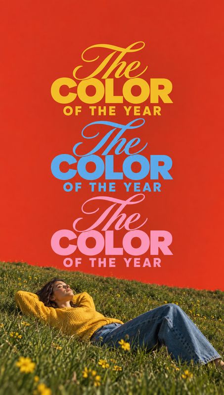lifestyle scene product photo: A woman in a mustard sweater reclines among wildflowers beneath oversized yellow, blue and pink “The Color of the Year” letterin…