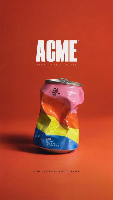 crushed beverage can food and drink product photo: A brightly colored crushed can stands against a vivid red studio backdrop, with bold white branding above an…