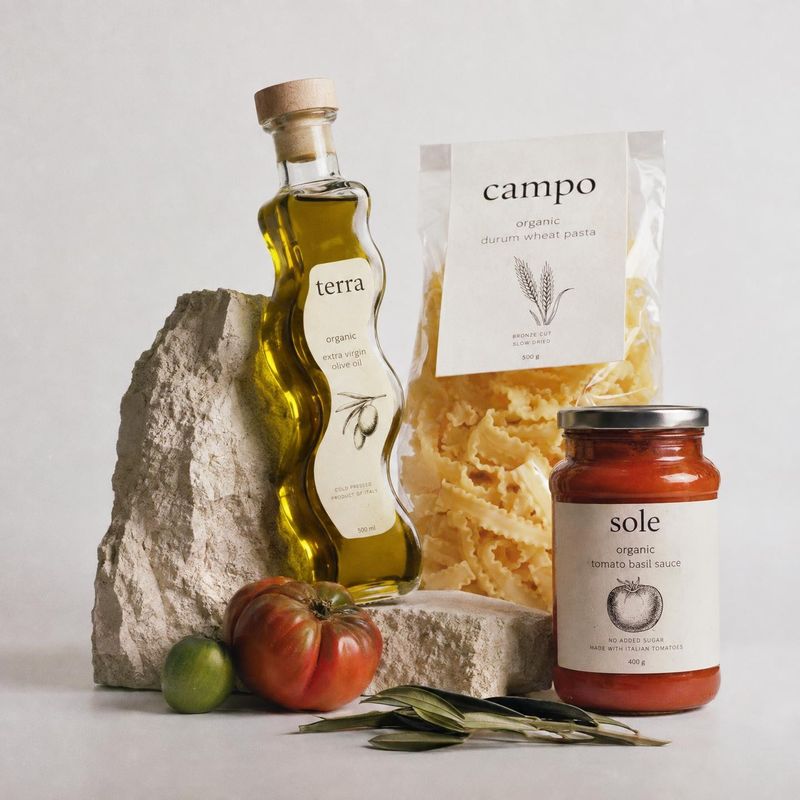 olive oil, pasta and tomato sauce ingredients product photo: Olive oil, pasta and tomato sauce are arranged with tomatoes, leaves and a weathered stone block a…
