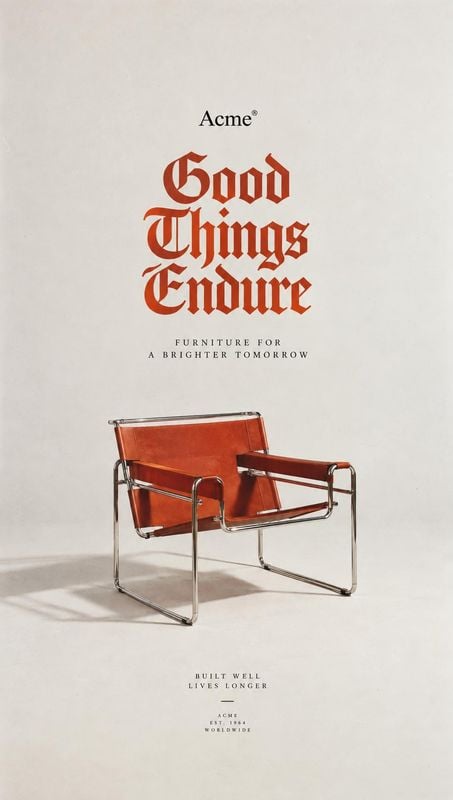 leather-and-chrome lounge chair home product photo: A rust-red leather lounge chair with a polished chrome frame sits against a softly lit pale studio backdrop…