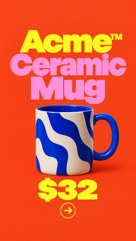 ceramic mug packshot product photo: A blue-and-cream wavy ceramic mug is centered against a vivid orange studio backdrop, with oversized colorful lettering and…