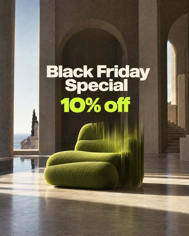 green upholstered chair room set product photo: A sculptural green upholstered chair sits in a monumental stone interior, lit by warm sunlight, with bold Black…