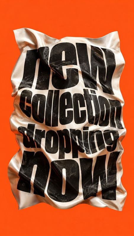 printed shopping bag fashion product photo: A crumpled silver shopping bag printed with oversized black “New collection dropping now” lettering sits against a…