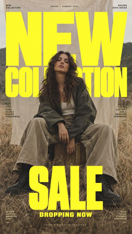 clothing black friday product photo: A woman in relaxed neutral-toned layers sits in a dry grassy landscape, framed by oversized bright yellow sale typography…