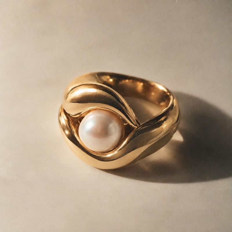 gold and pearl ring close-up detail product photo: A sculptural gold ring set with a luminous pearl rests on a warm neutral surface, its polished curves catchi…