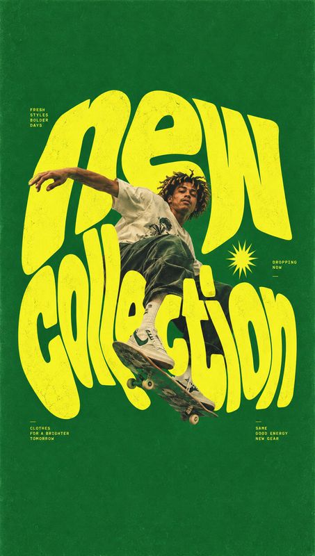 clothing collection action & motion product photo: A young man skateboards across oversized yellow lettering on a vivid green graphic, creating an energetic st…