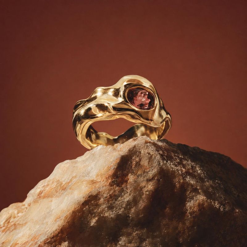 gold gemstone ring close-up detail product photo: A sculptural gold ring with a reddish gemstone rests on a rugged stone against a warm rust-colored studio bac…