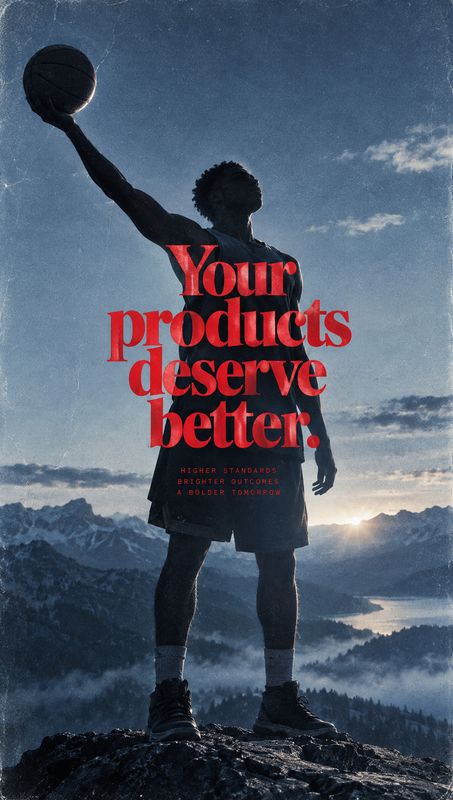 basketball sports product photo: A silhouetted basketball player raises a ball against a dramatic mountain landscape at dusk, with bold red headline typography…