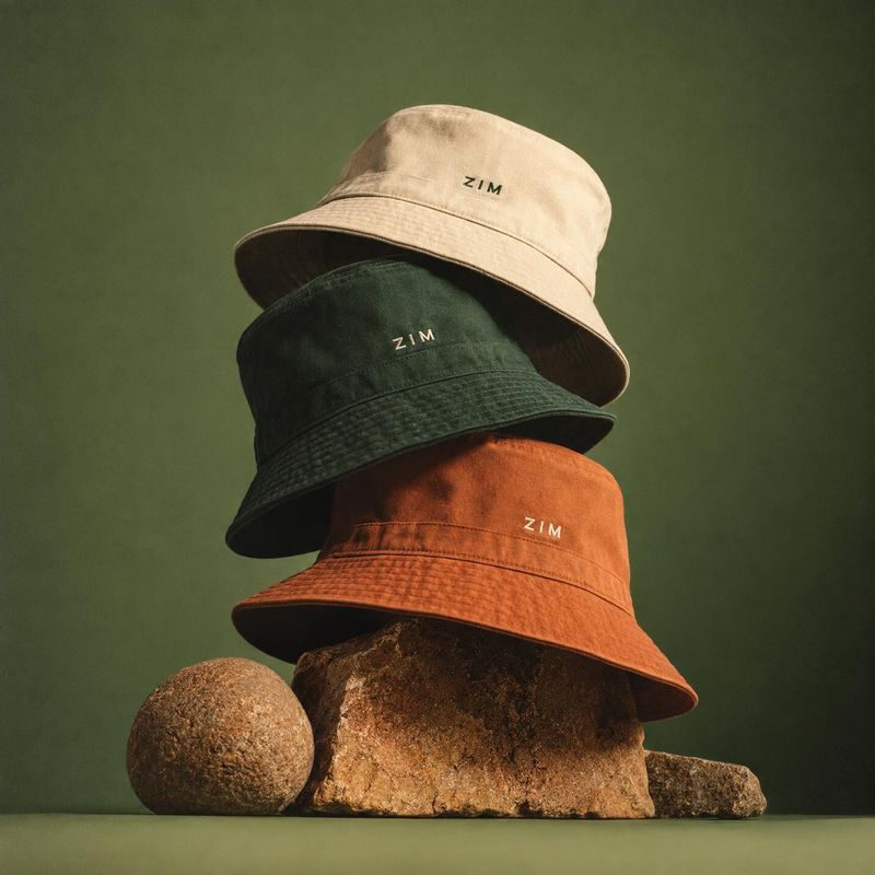bucket hats ghost mannequin product photo: Three bucket hats in beige, deep green, and rust are stacked over rough stones against a dark green studio backdrop,…