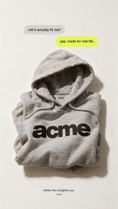hoodie flat lay product photo: A folded gray hoodie is photographed from above on a pale neutral surface, with bold chat-style copy and a small tagline creatin…