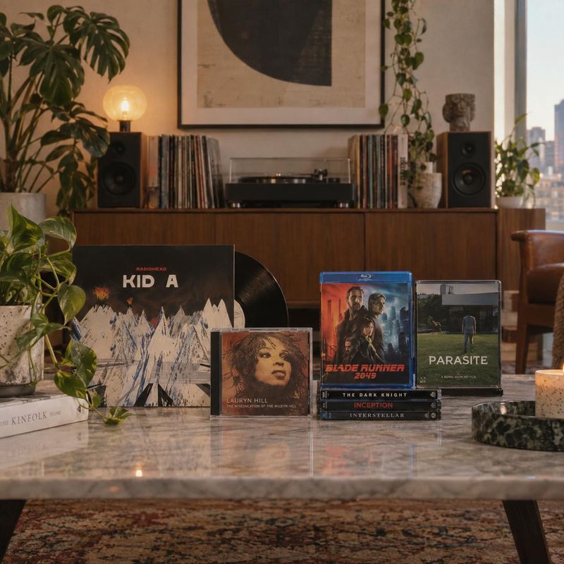 vinyl records and films book product photo: Vinyl records and film editions are arranged across a marble table in a warm, plant-filled living room, with soft a…