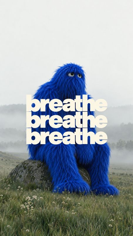 lifestyle scene product photo: A vivid blue furry character sits on a rock in a misty meadow, with bold cream-colored “breathe” lettering layered across its bo…