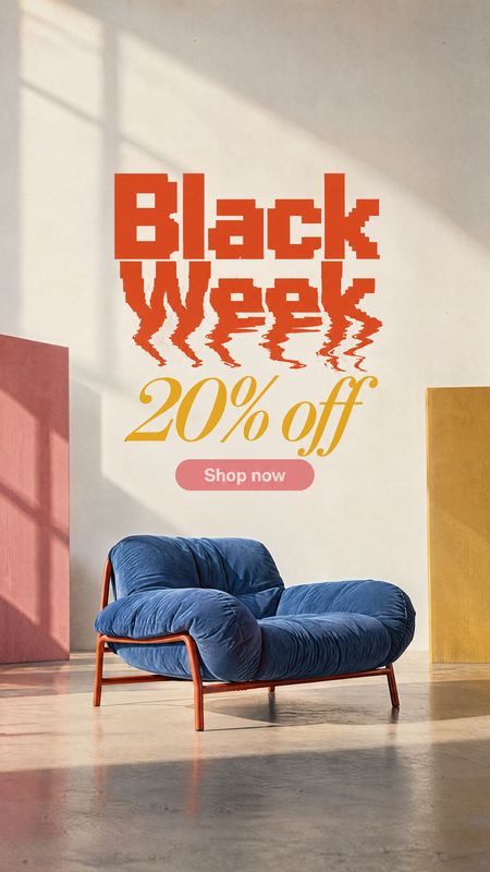 blue upholstered lounge chair room set product photo: A plush blue lounge chair sits in a sunlit minimalist interior beneath bold Black Week lettering and a 20…