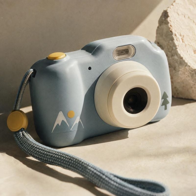 compact camera electronics product photo: A pastel blue compact camera with a cream lens and braided wrist strap rests on a sunlit stone surface, creating a wa…
