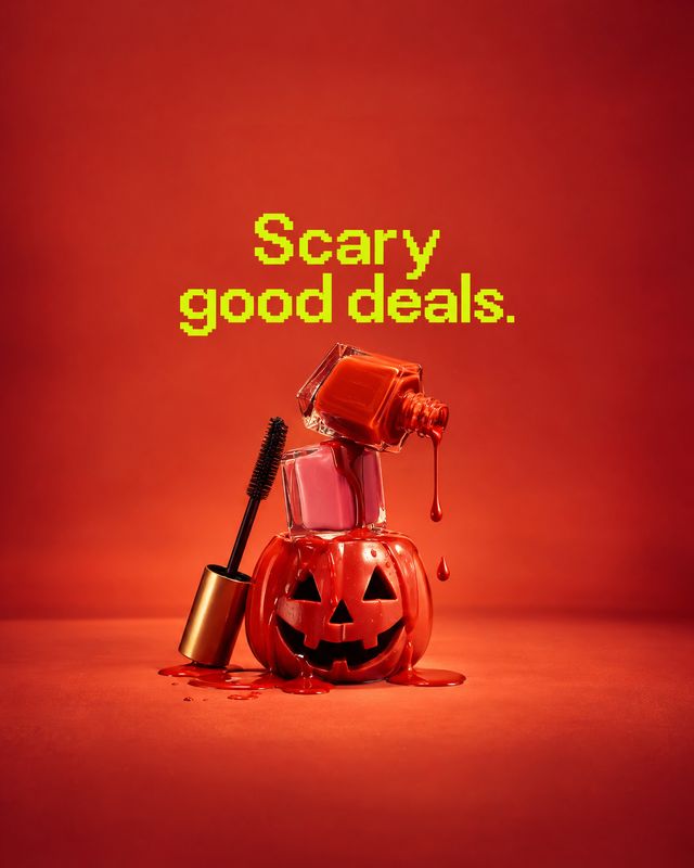 nail polish and mascara halloween product photo: Nail polish and mascara are stacked on a glowing red studio surface with a jack-o'-lantern-shaped bottle and d…