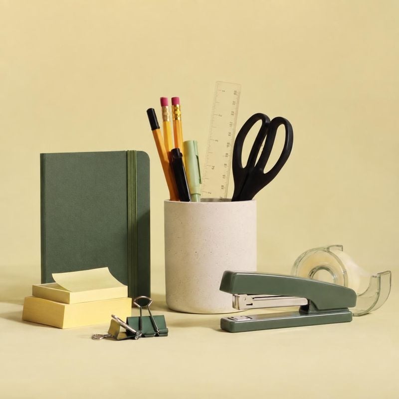 office stationery set stationery product photo: A neatly arranged set of notebooks, pencils, scissors, and desk tools sits against a warm pale-yellow studio ba…