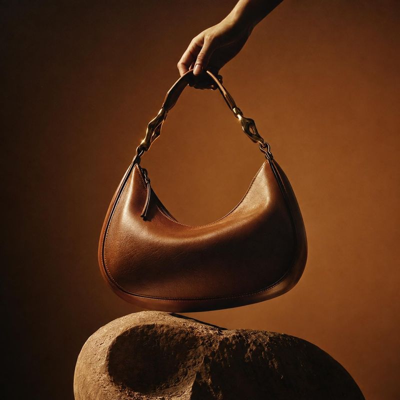 leather handbag product in hand product photo: A glossy brown leather handbag is held above a rugged stone pedestal against a warm, softly lit studio backdrop,…