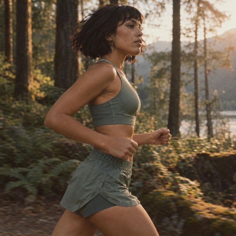 athletic outfit action & motion product photo: A woman runs through a sunlit forest in a muted green athletic top and shorts, with warm backlight and an energe…