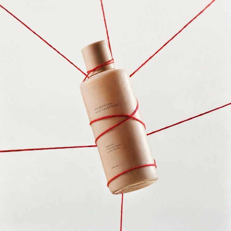 hair treatment bottle floating product product photo: A warm-toned bottle of nourishing hair treatment hangs at an angle, wrapped in taut red threads against a…