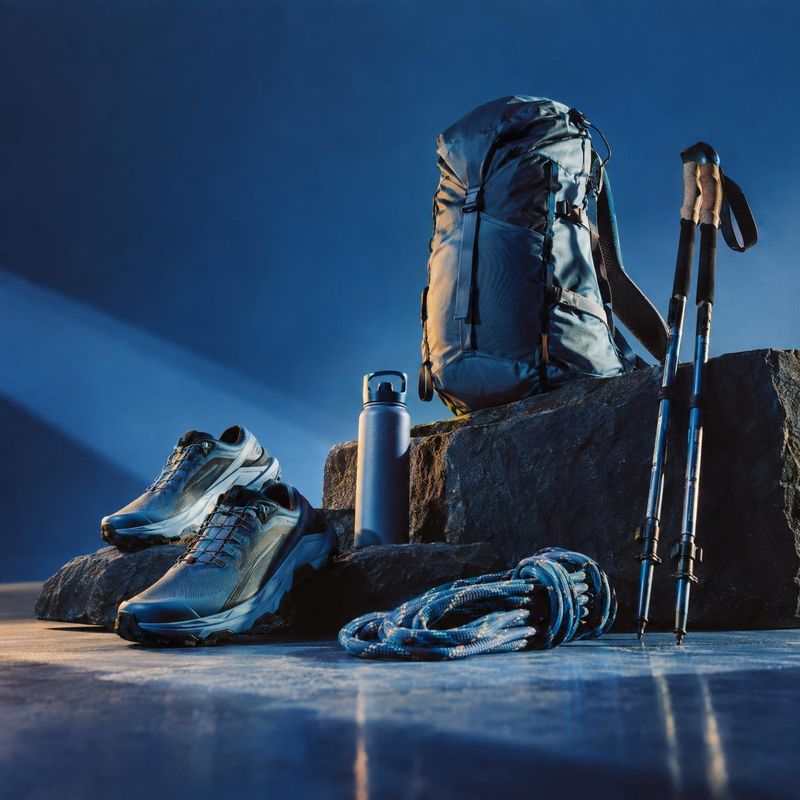 hiking gear set sports product photo: A backpack, hiking shoes, trekking poles, water bottle and coiled rope are arranged on dark rocks against a deep blue bac…